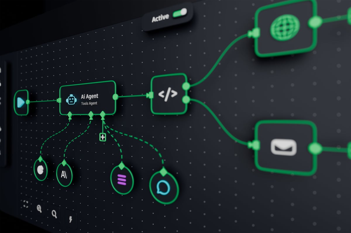 An AI workflow automation interface showing connected nodes and tool integrations — representing the technology shaping the future economy